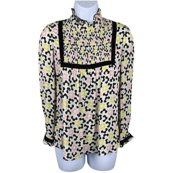 Orla Kiely x Leith Clark Blouse Bib Neck Floral Button Back Velvet Trim Womens 2 - Picture 1 of 15